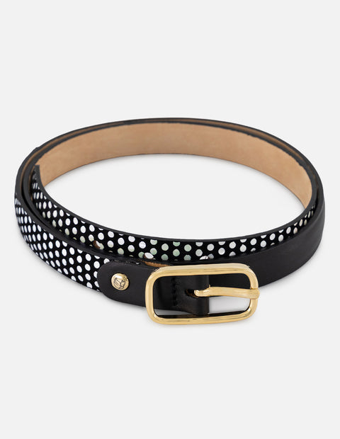 Cinturón en piel negra con estampado de puntos para mujer