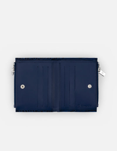 Monedero de piel para mujer color azul grabado tipo coco