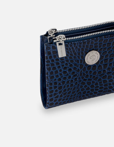 Monedero de piel para mujer color azul grabado tipo coco