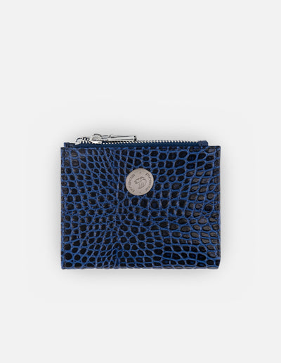 Monedero de piel para mujer color azul grabado tipo coco