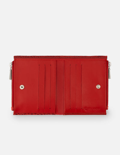Monedero de piel para mujer color rojo grabado tipo coco