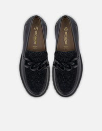 Mocasín de piel napa con textil color negro para mujer