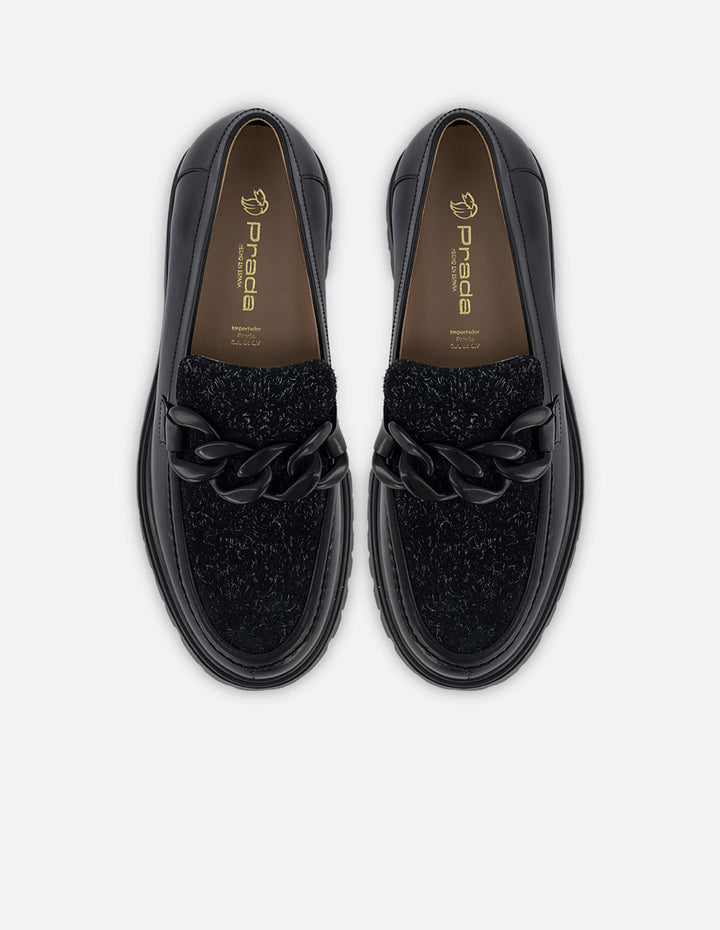 Mocasín de piel napa con textil color negro para mujer