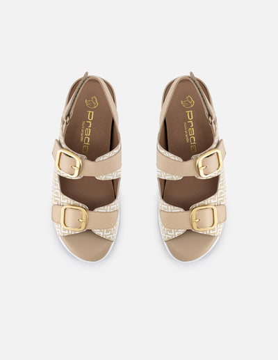 Sandalia de piel para mujer color beige con detalle de hebillas