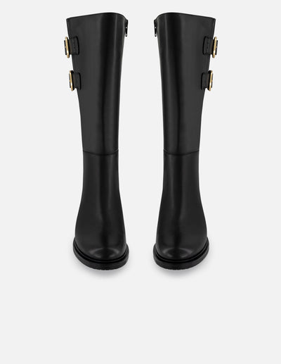 Bota negra piel de mujer con hebillas laterales en color dorado