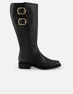 Bota negra piel de mujer con hebillas laterales en color dorado