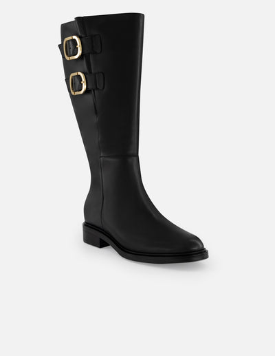 Bota negra piel de mujer con hebillas laterales en color dorado