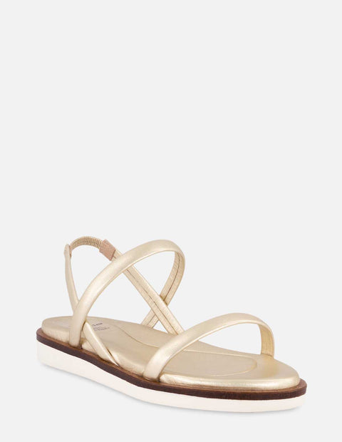 Sandalia con tiras tubulares en piel metalizada para color dorado para mujer