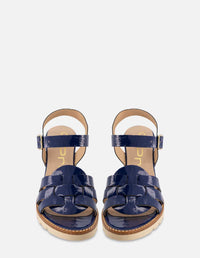 Sandalia en piel charol papiro color azul para mujer