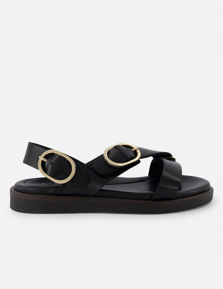 Sandalia de piel color negro para mujer con tiras gruesas