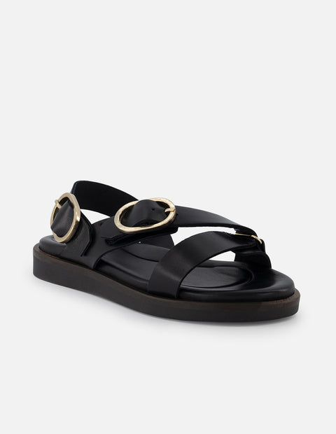 Sandalia de piel color negro para mujer con tiras gruesas