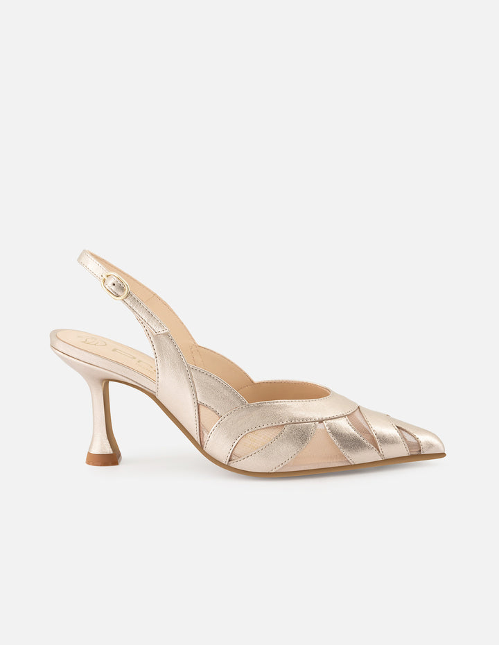 Zapatilla de piel metalizada para mujer color nude con detalles de rejilla