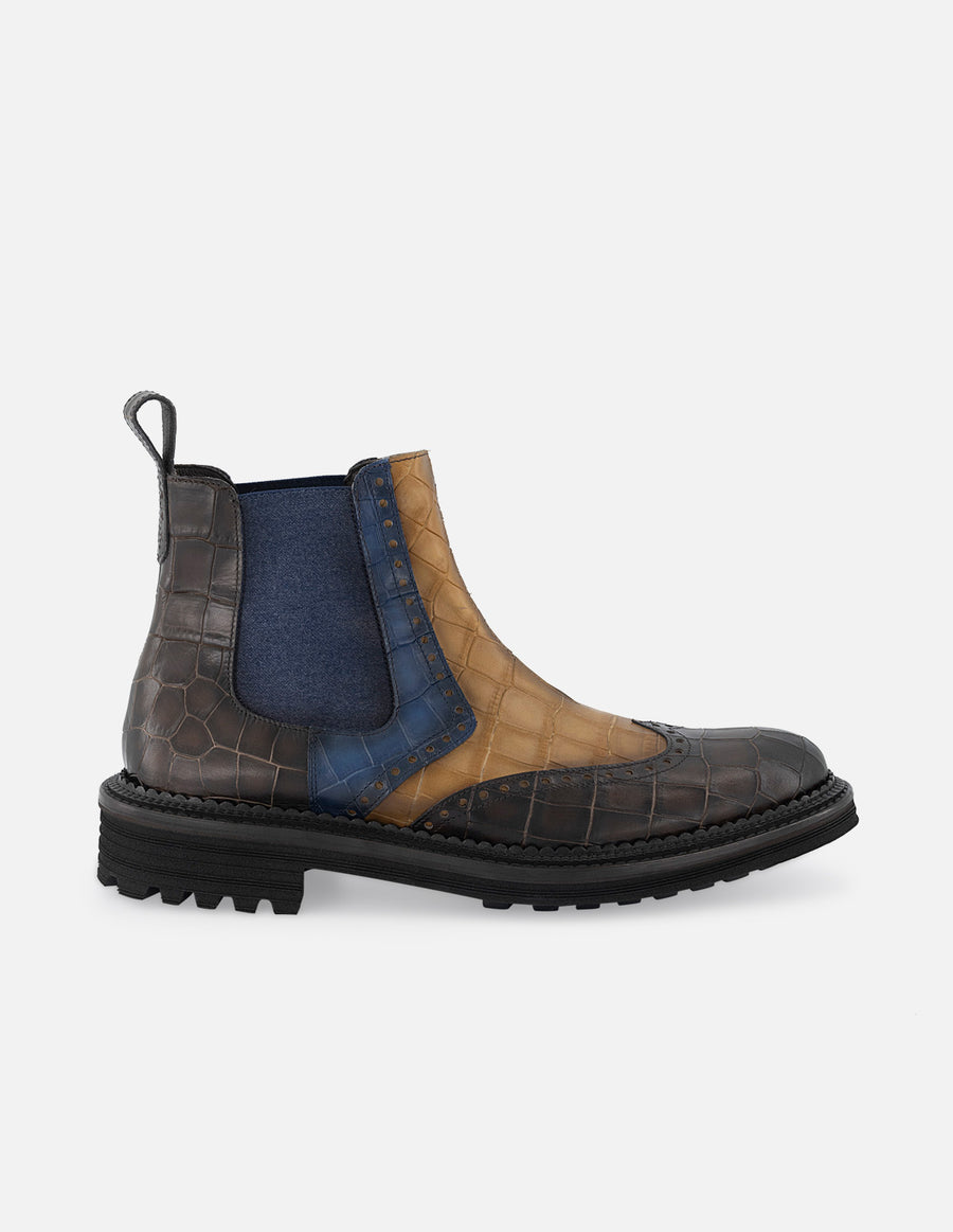 Botin chelsea de piel con  grabado tipo coco multicolor y detalle en picado María para hombre