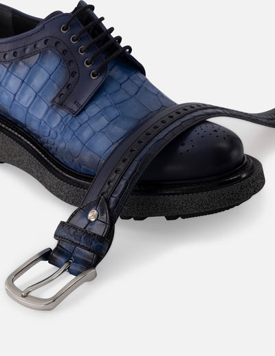 Cinturón en piel napa y grabado tipo coco color azul para hombre