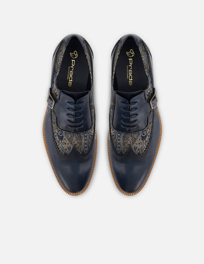 Oxford en piel napa color azul con textil pasley para hombre