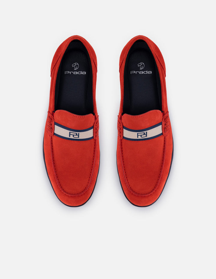 Mocasines rojo en ante para hombre con contraste azul