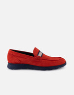 Mocasines rojo en ante para hombre con contraste azul