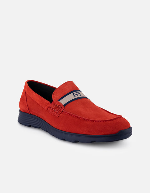 Mocasines rojo en ante para hombre con contraste azul