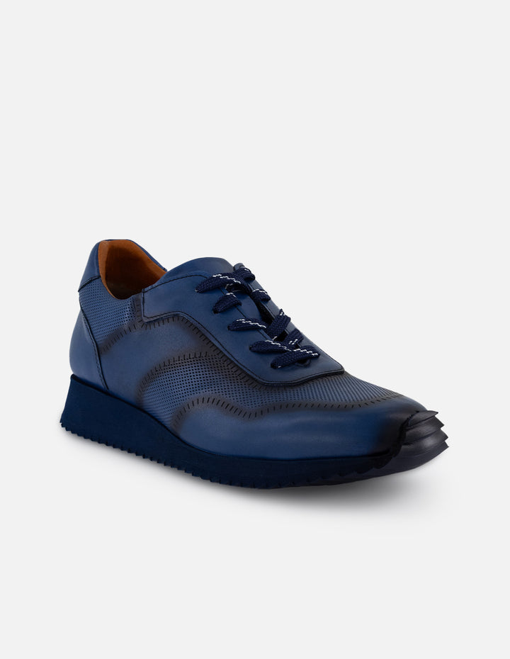 Tenis azules en piel para hombre con contraste marino
