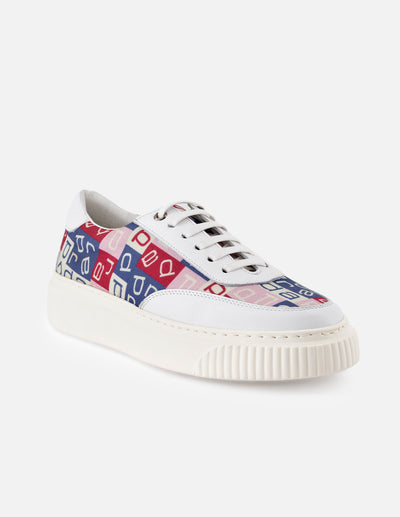 Tenis de piel color blanco para mujer con textil color rosa
