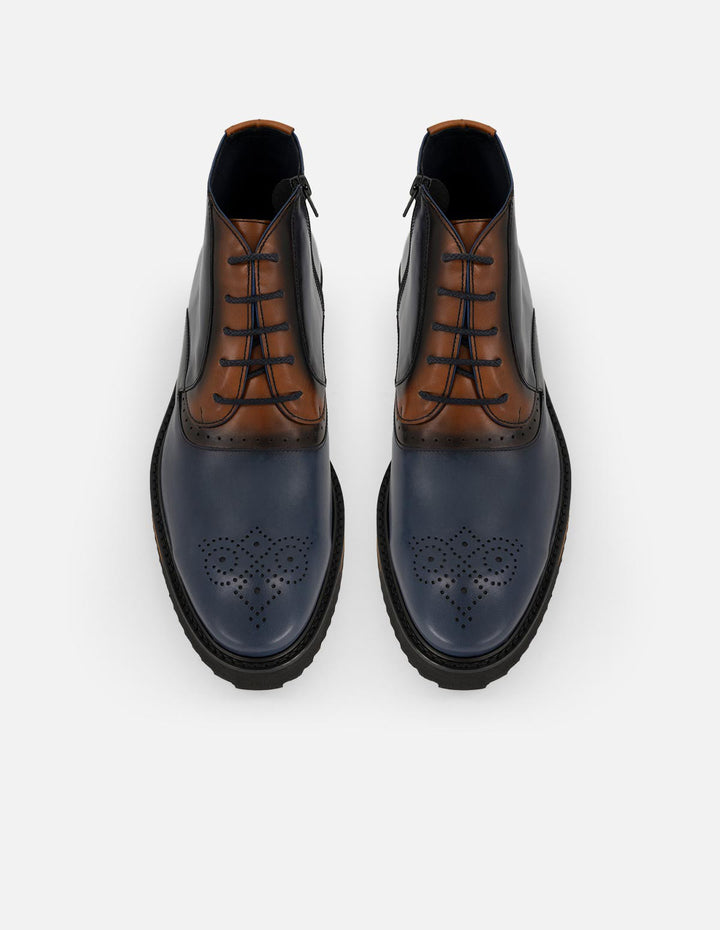 Botines azul de piel para hombre con picado María