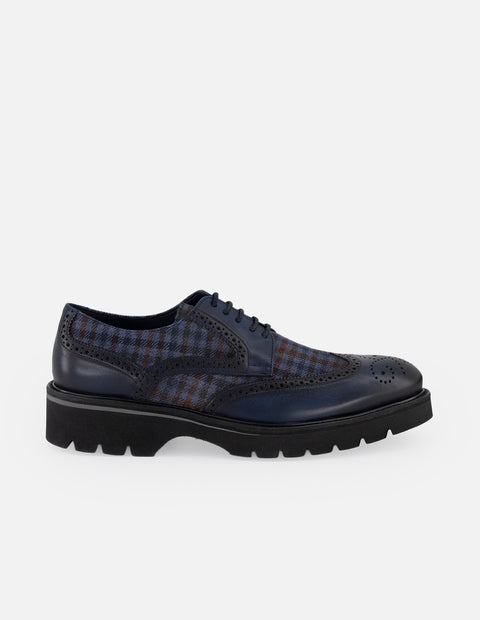 Zapato Blucher azul de piel y textil con suela comfort light