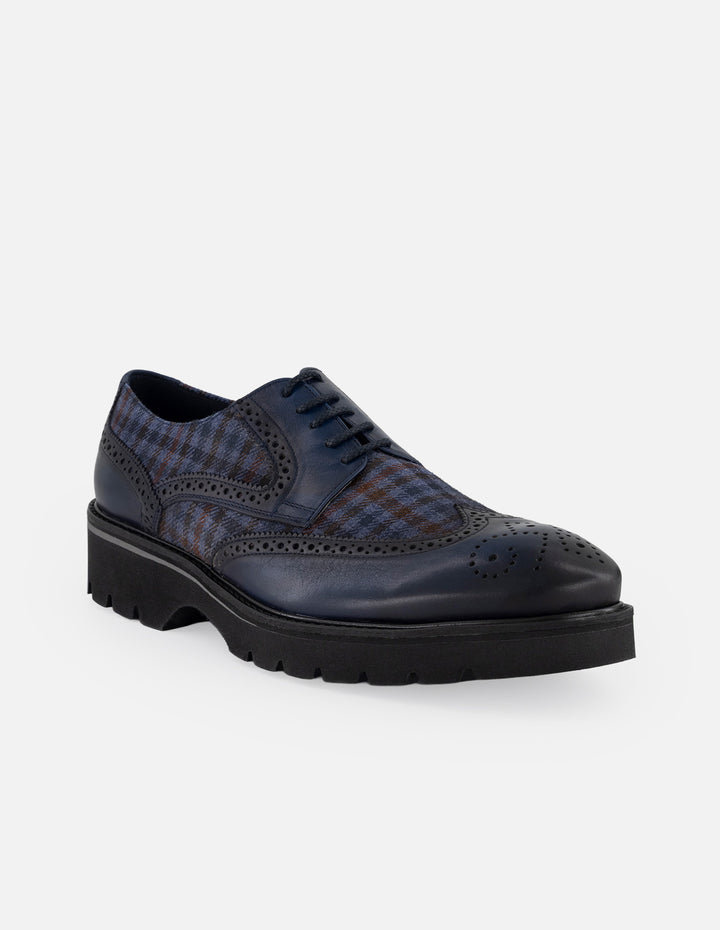 Zapato Blucher azul de piel y textil con suela comfort light