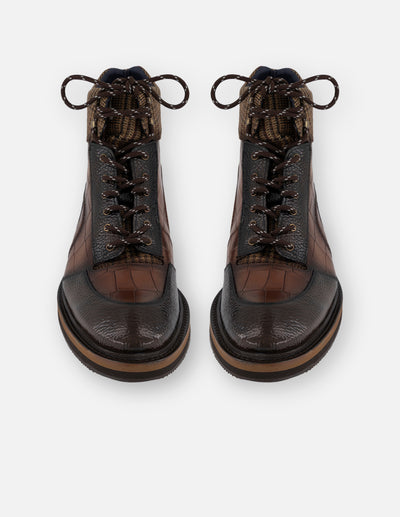 Botines café para hombre con combinación de piel tipo coco y textil