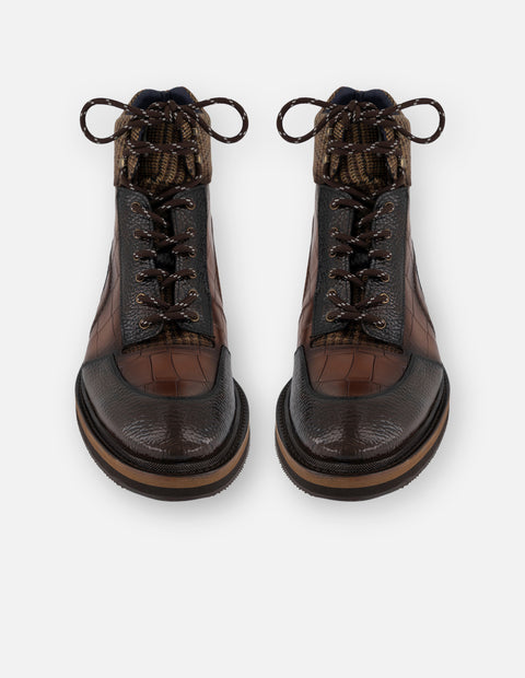 Botines café para hombre con combinación de piel tipo coco y textil