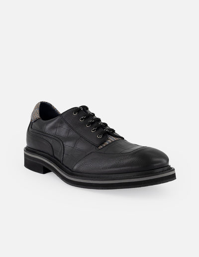 Zapato Blucher negro de piel coco y detalles en textil