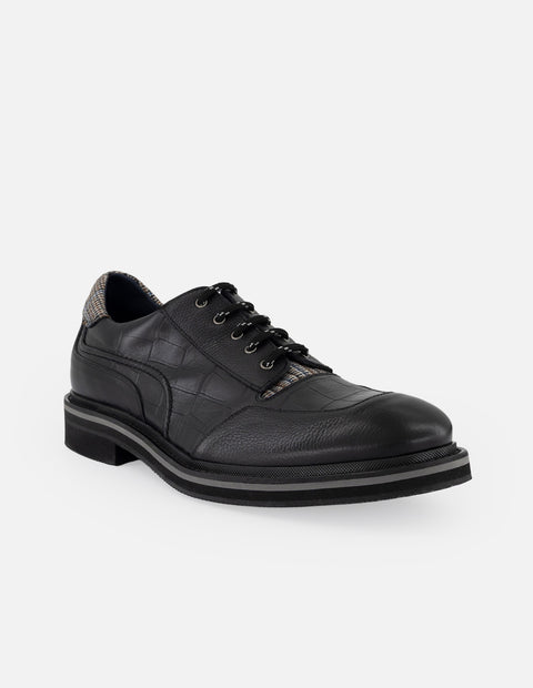 Zapato Blucher negro de piel coco y detalles en textil