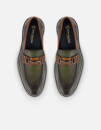 Mocasines verde de piel napa con borde plateado para hombre