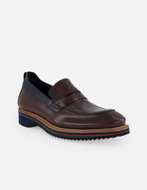 Mocasines vino de piel florantic con detalle azul para hombre