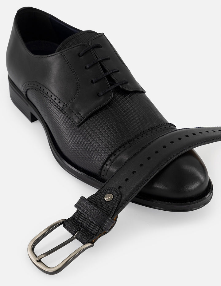 Zapato Blucher negro combinación piel grabada y napa para hombre