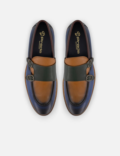 Mocasines con antifaz de doble hebilla en piel multicolor para hombre