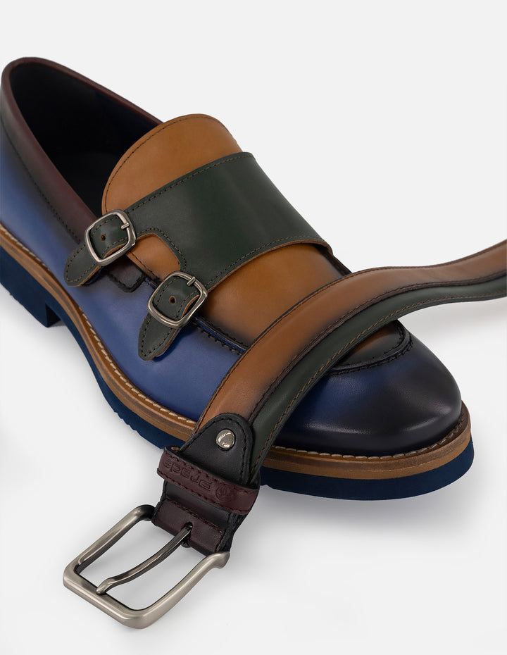 Mocasines con antifaz de doble hebilla en piel multicolor para hombre