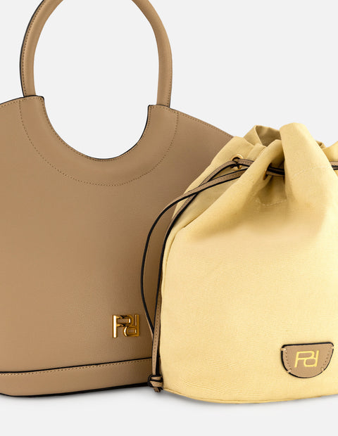 Tote beige vegano para mujer con asa rígida integrada