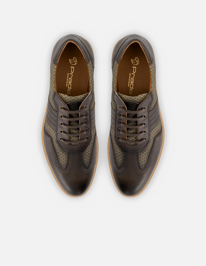 Oxford en piel napa color kaki con grabado para hombre