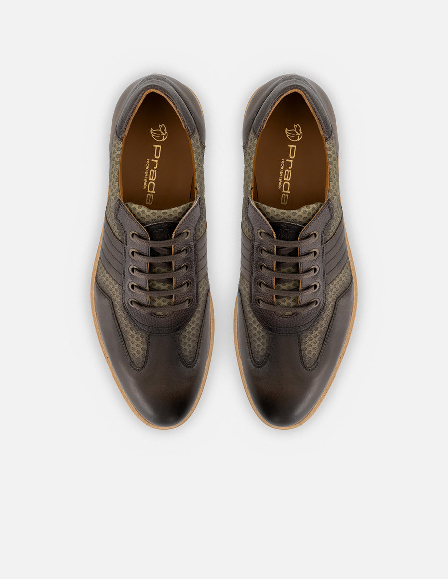 Oxford en piel napa color kaki con grabado para hombre