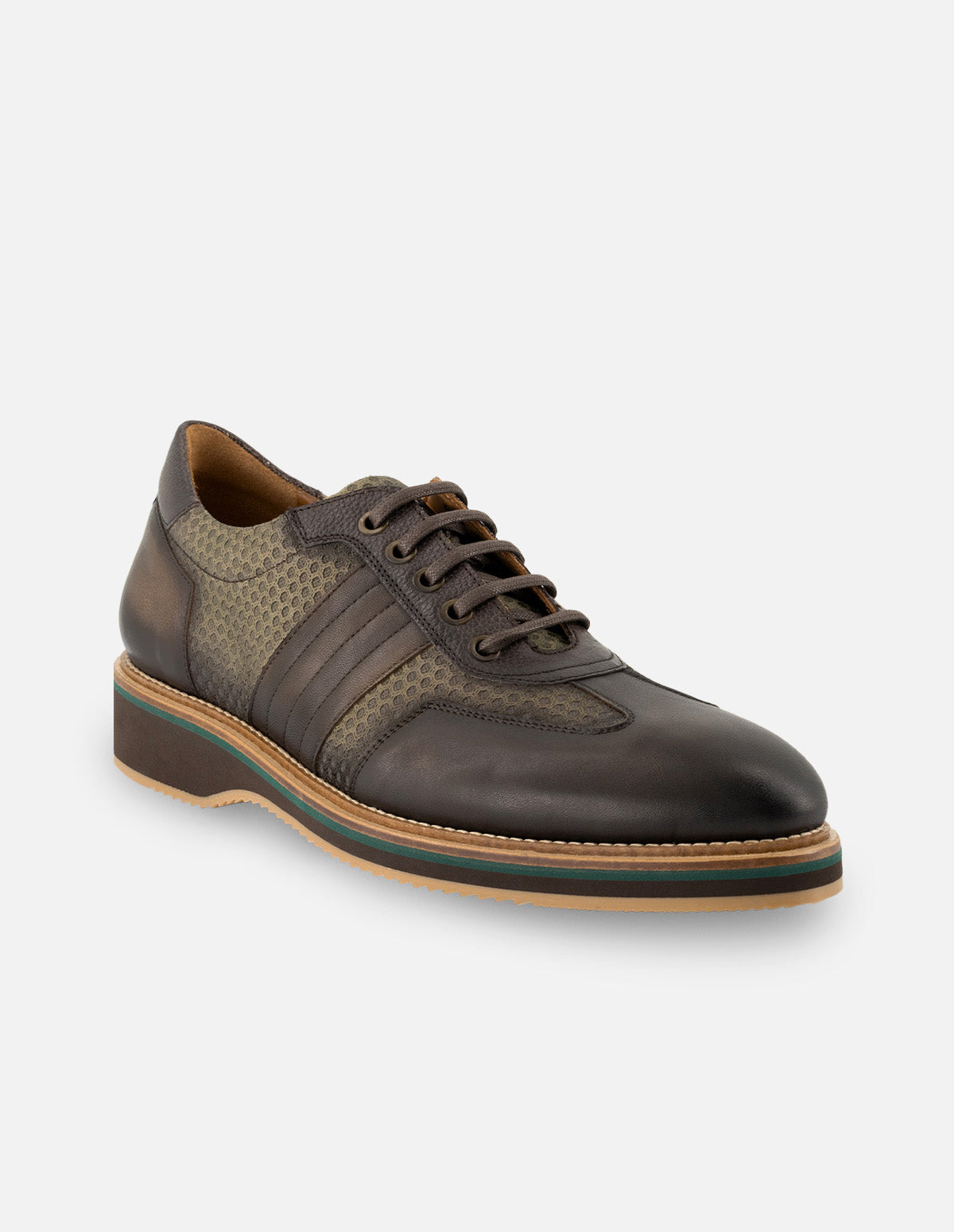 Oxford en piel napa color kaki con grabado para hombre