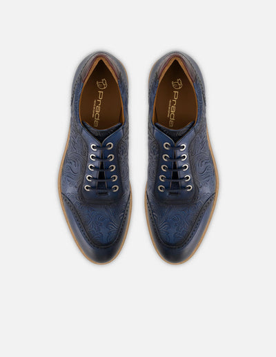 Zapato inglés azul piel grabada decorativa para hombre
