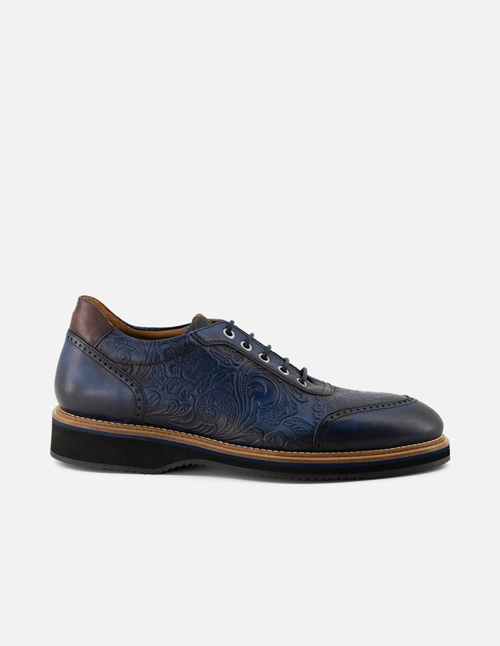 Zapato inglés azul piel grabada decorativa para hombre