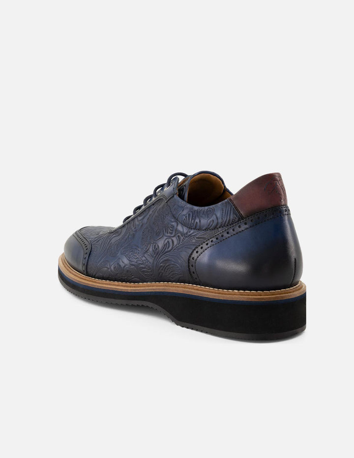 Zapato inglés azul piel grabada decorativa para hombre