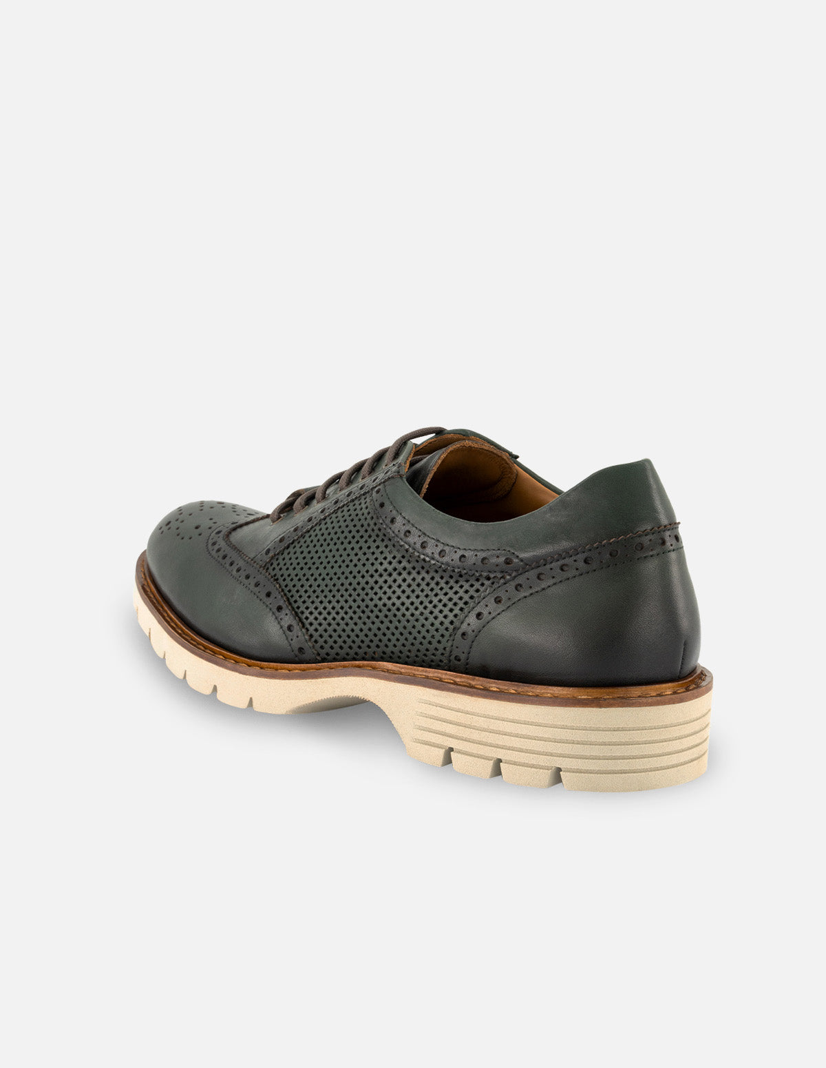 Oxford en piel color verde  con picado María para hombre