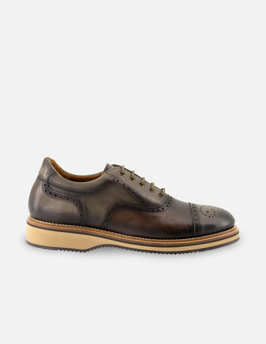 Oxford en piel napa color verde con picado María para hombre