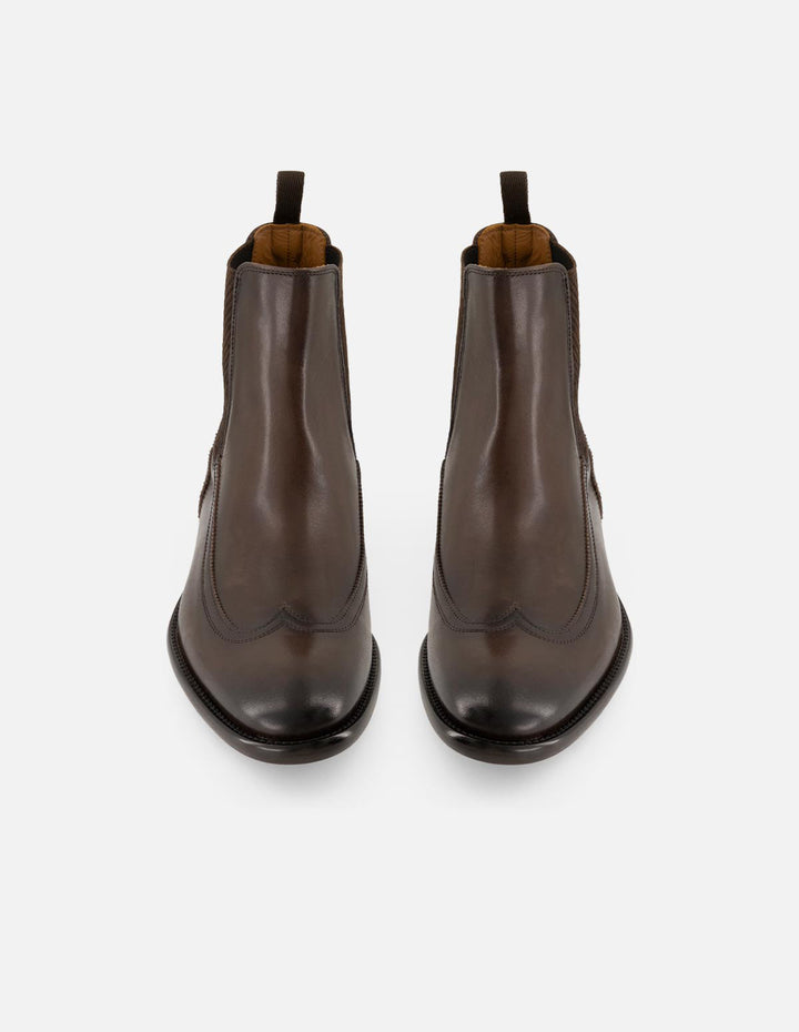 Botines Chelsea café de piel para hombre con resorte lateral