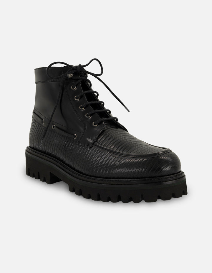 Botines negros de piel grabada tipo tejus para hombre con suela tipo combate