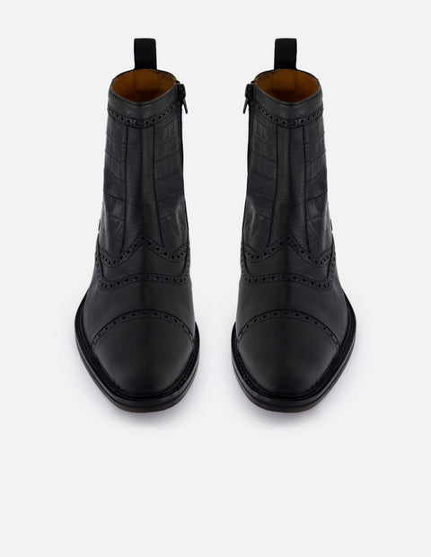 Botines negros en piel tipo coco para hombre con detalles en picado