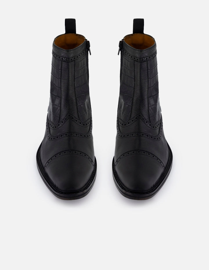 Botines negros en piel tipo coco para hombre con detalles en picado