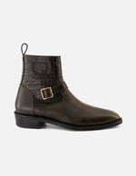 Botines café de piel tipo coco para hombre con hebilla color dorado